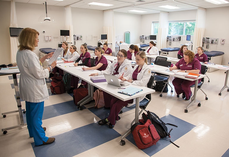 Nursing students being taught in simulation classroom