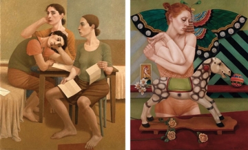 two images of 3 women sitting together and one women with rocking horse