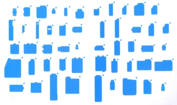 Graphic design artwork of an array of blue rectangles of different sizes