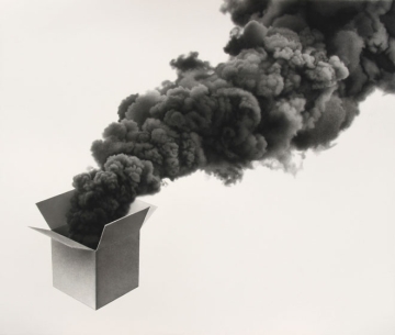 Drawing with a cardboard box open and spewing smoke and ash