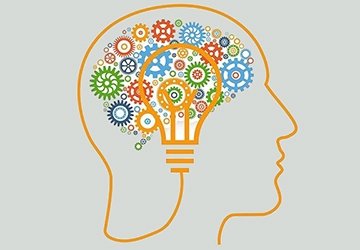 Graphic of a person's profile with gears and lightbulb in the brain area