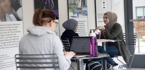Students talking in lobby