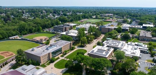 Campus drone shot, with quad in the foreground