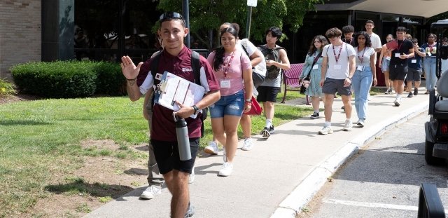 New first-year students walking together during orientation