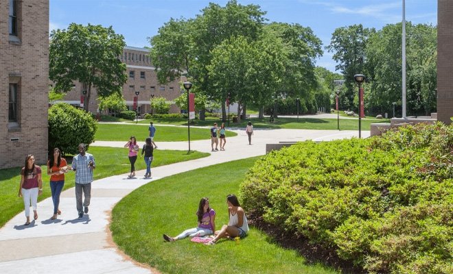 Students enjoying a spring day on the campus quad