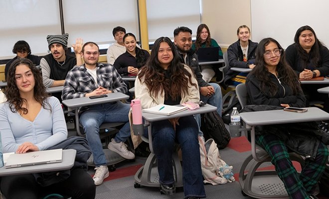 Students at desks in class