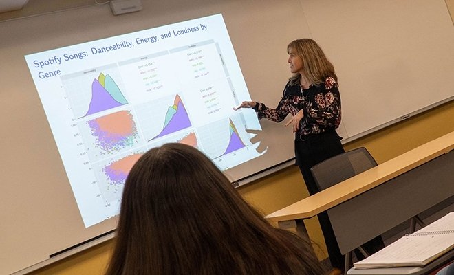 Data Science math class with professor gesturing at projected graphs
